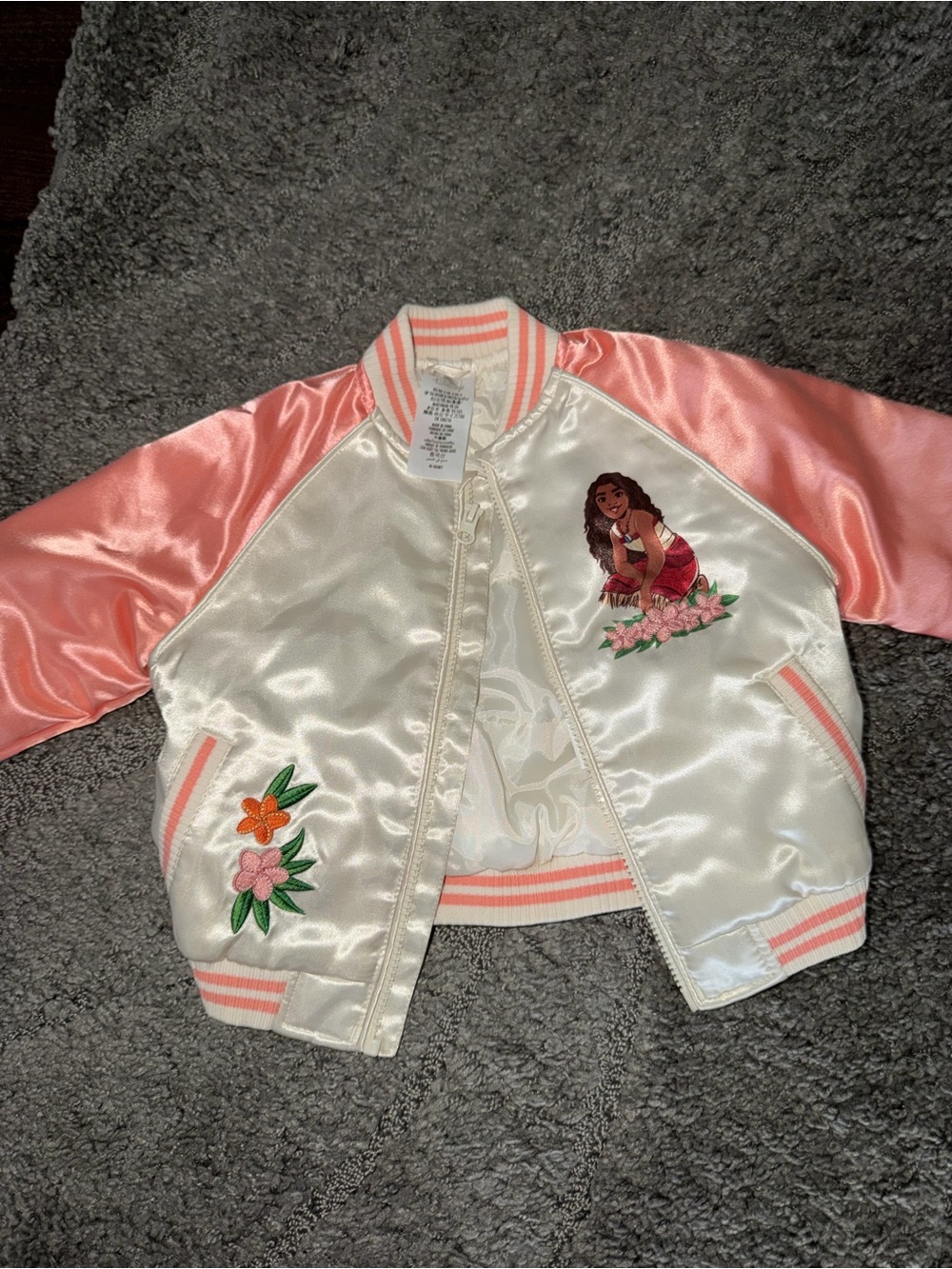 Girls Satin Bomber Jacket with Floral & Character Embroidery - Pink & Ivory